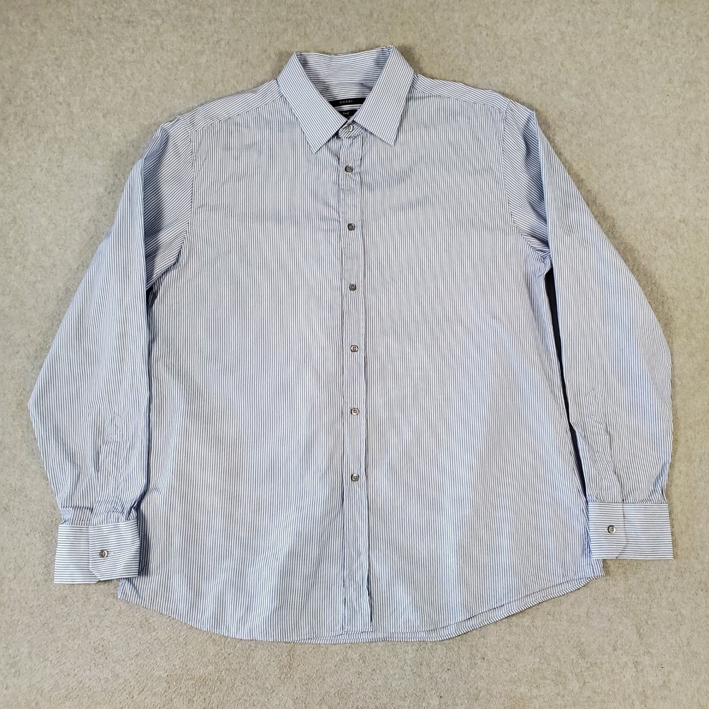 Vintage Gucci Mens Blue White Pinstripe Fitted Button Up Shirt Italy Made 46 18